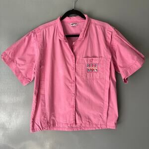 Vintage CHANGE Women's Large Pink Button Up Embroidered Pleated Blouse Cottage